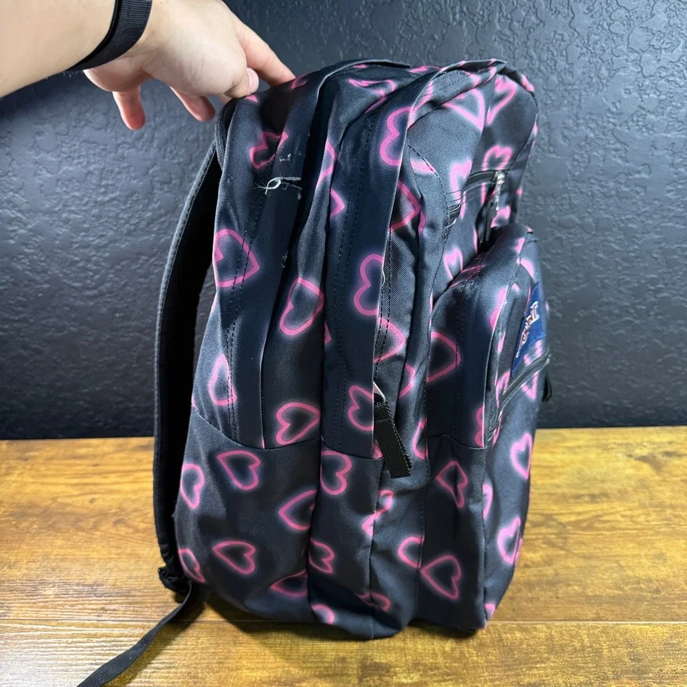 JanSport Big Student JS0A47JK Black Pink Heart Polyester Backpack Unisex OS